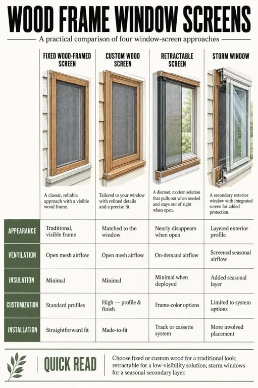 Infographie comparative des wood frame window screens fixes, sur mesure et rétractables