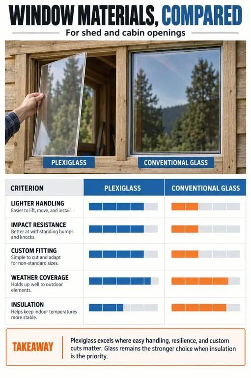 Plexiglass windows compared with a conventional glass window for a shed or cabin