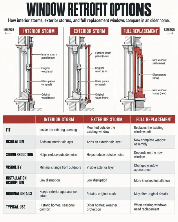 Inside storm windows compared with exterior storm windows and full replacement windows