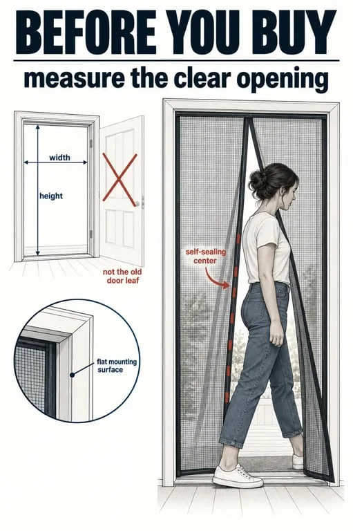 Magnetic screen door measurement and self-closing mesh installation diagram