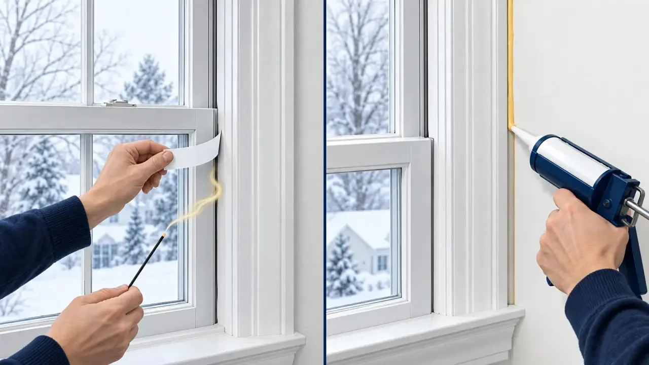 How to seal windows for the winter: paper and incense leak tests with caulk applied around a stationary window frame