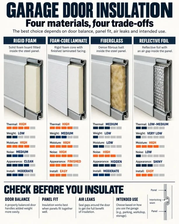 Best garage door insulation: comparaison visuelle des panneaux en mousse rigide, mousse laminée, fibre de verre et film réfléchissant