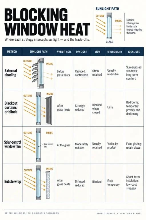 Infographic showing a cheap way to block heat from windows using external shade, blackout coverings, solar-control film and bubble wrap