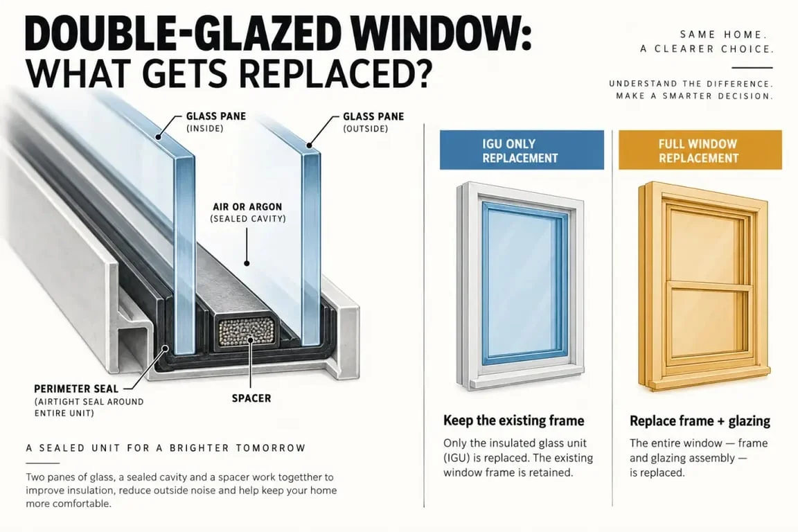 Double pane window replacement: schéma d'un IGU et comparaison entre remplacement du vitrage et remplacement complet de la fenêtre