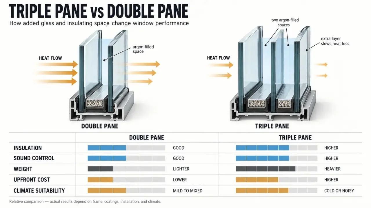 Infographie comparative des triple pane windows et double pane windows sur l'isolation, le bruit et le coût