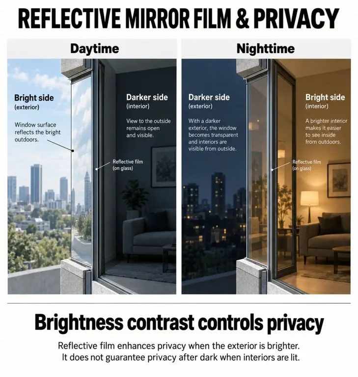 Reflective mirror film showing daytime privacy and nighttime visibility caused by brightness contrast
